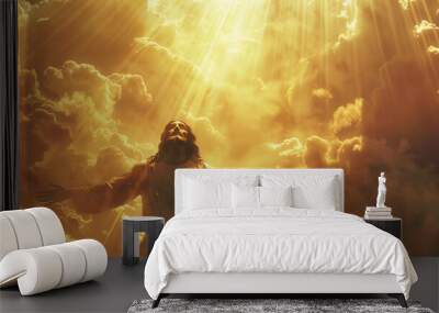 A photographic depiction of Jesus Christ, standing in an ethereal glow, arms outstretched, surrounded by clouds and light rays Wall mural